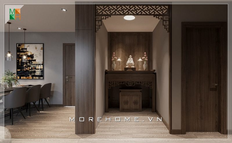 Mẫu tủ thờ hiện đại được làm từ chất liệu gỗ tự nhiên nhập khẩu, gam màu nâu trầm mang lại sự ấm áp, thân thiện và gần gũi hơn